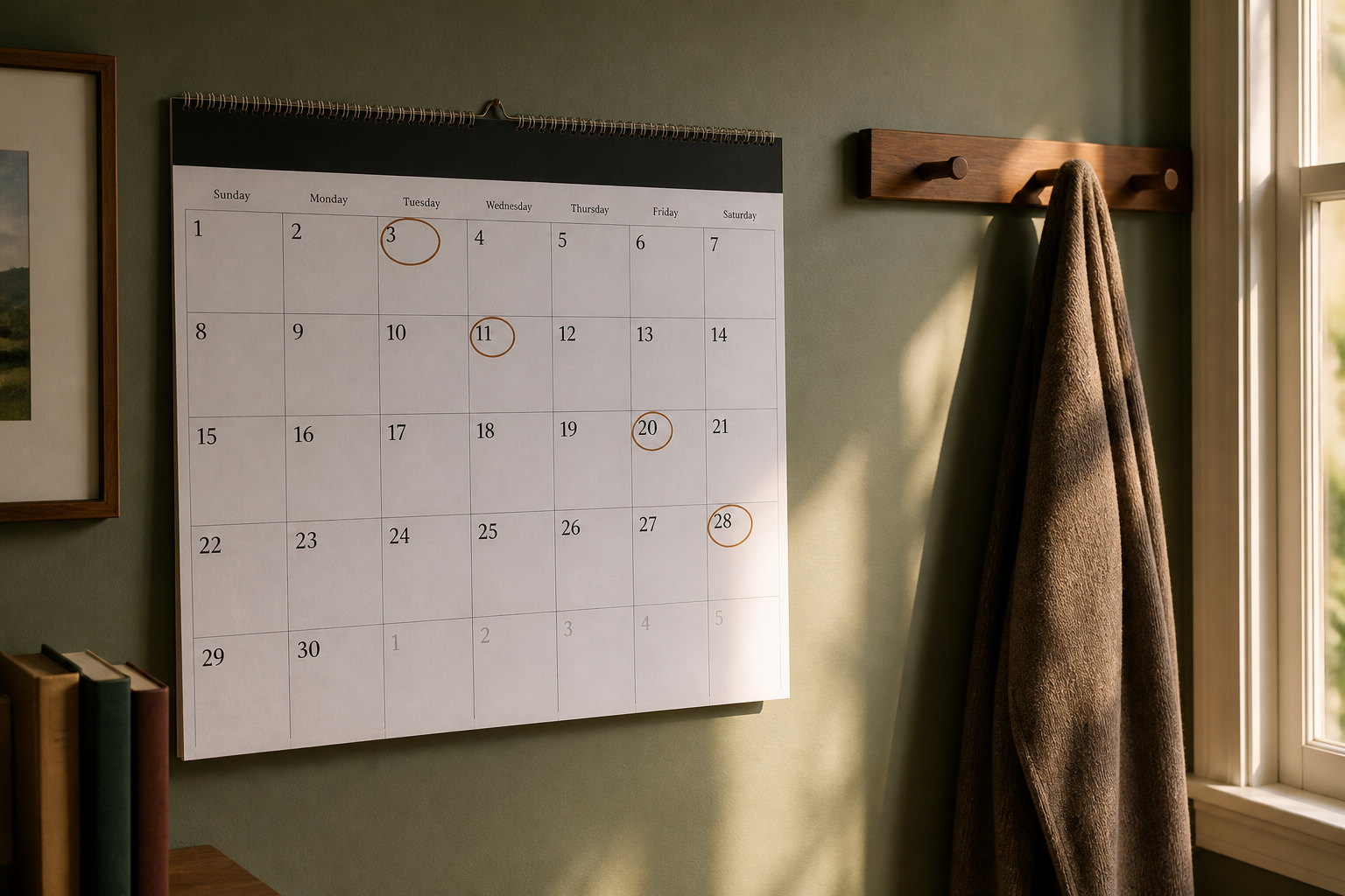 Calendario de pared con fechas marcadas, muro verde pino y luz de tarde